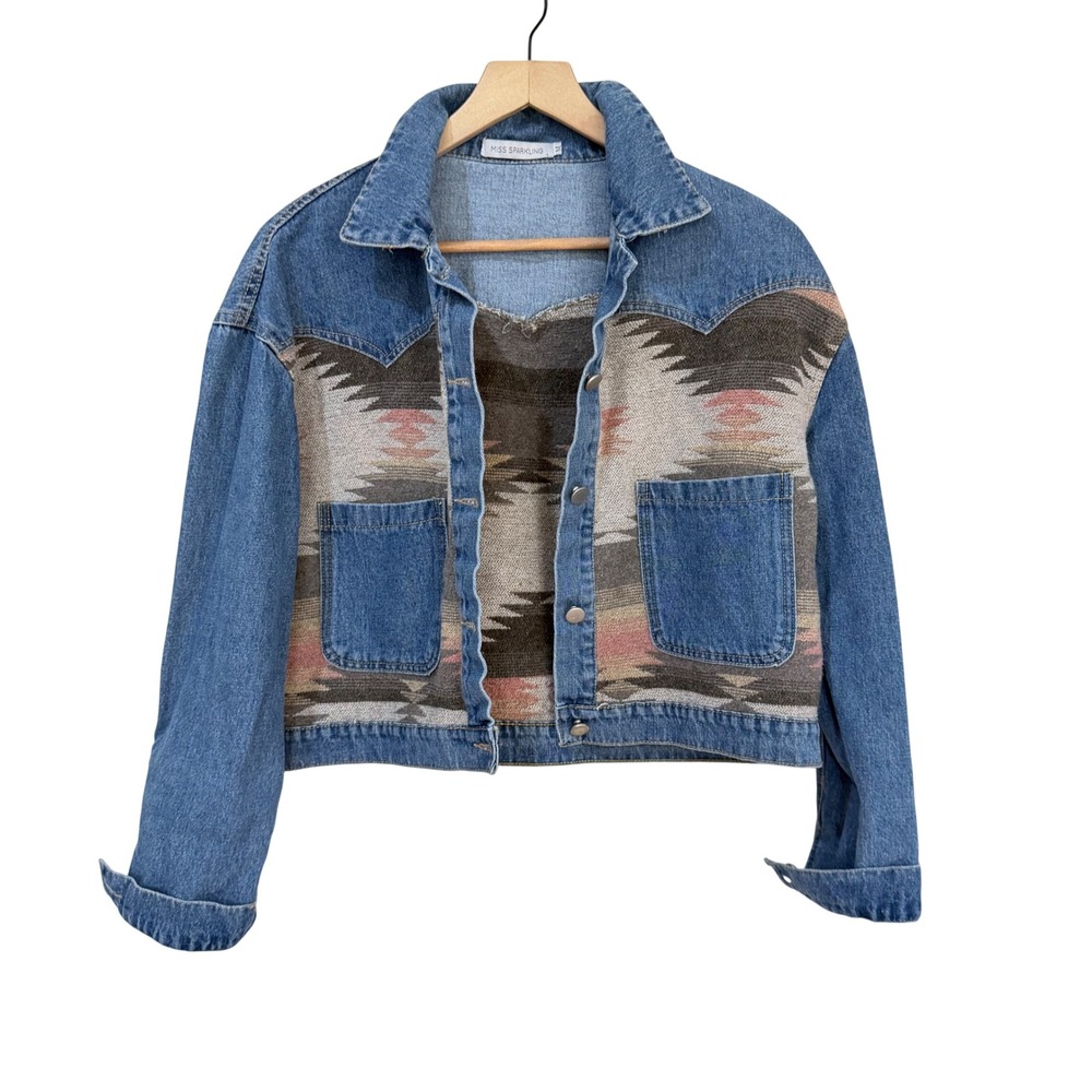 Miss Sparkling Denim Jacket Medium Blue Southwestern Tapestry Cropped Boho Aztec